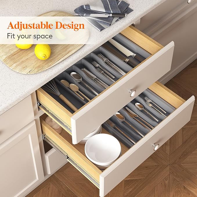 Lifewit Silverware Drawer Organizer and Utensil Organizer Set, Expandable Cooking Cutlery Tray for Kitchen, Adjustable Plastic Flatware Holder Storage Divider for Spoons Forks Knives, Large, Gray