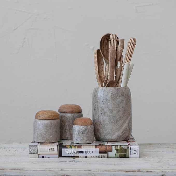 Creative Co-Op Modern Marble Canister with Wood Lid, Natural