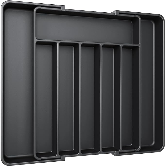 Aujen Expandable Kitchen Drawer Organizer - Multipurpose Black Cutlery and Utensil Organizer for Knives, Forks and More