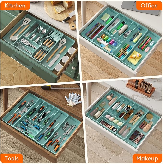 Lifewit Silverware Organizer for Kitchen Drawer, Expandable Utensil Tray with Removable Knife Block, Adjustable Cutlery Flatware Holder, Plastic Spoon Forks Holder Storage Divider, Large, Turquoise