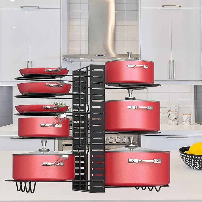 Podxco Pot and Pan Organizer for Under Cabinet, 8 Tiers Adjustable Pan Organizers Inside Cabinet with 3 DIY Methods, Upgrade of Pan Organizer Balance Ability, Kitchen Pan Rack Organizer for Cabinet