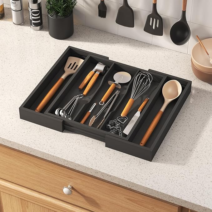 Lifewit Utensil Organizer for Kitchen Drawer, Expandable Cooking Utensil Tray, Bamboo Cutlery Silverware Flatware Holder, Adjustable Spatula Tools and Gadgets Storage Divider, Large, Black