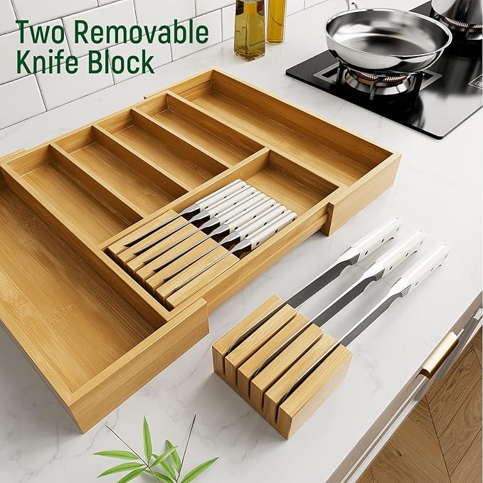 Emojoy Silverware Storage,Carbonized Bamboo Cutlery Storage Organizer, Expandable Cutlery Rack, 7 Slots, Perfect for Storing Cutlery and Kitchen Utensils with Removable Knife Holder