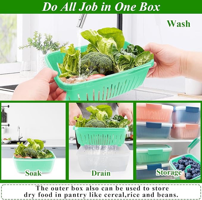 shopwithgreen 68oz Berry Keeper Fruit Storage Container for Fridge, Fresh Food Produce Saver Containers with Removable Drain Colanders, Vegetable Lettuce Keeper Bowl, Refrigerator Organizer, 3 Pack
