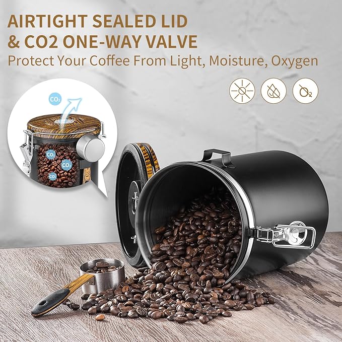 1800ml Coffee Canister Coffee Bean Storage Airtight Containers Stainless Steel Kitchen Food Storage Container with Date Tracker and Scoop for Ground coffee, Beans, Tea, Sugar, Flour, Cereal