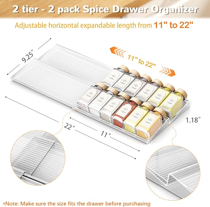 Expandable Spice Drawer Organizer 2-Pack, Adjustable Clear Acrylic Spice Rack for Drawer, Ideal for Kitchen Spice Organization, Seasoning Organizer Holds Up to 24 Jars(Jars Not Included)