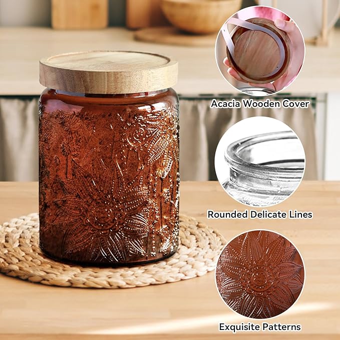 Vintage Glass Jar with Lid,Cookie Candy Jar Coffee Canister Food Storage Containers Storage Jar Set for Kitchen Office (Brown garden - acacia)