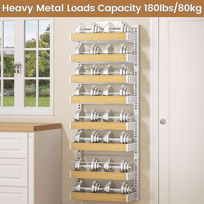 8 Tier Over The Door Pantry Organizer, 2 IN 1 Wall Mount or Hanging Spice Rack Seasoning Shelves with Adjustable Basket, Back of Door Organizer and Storage for Kitchen Cabinet and Room Closet