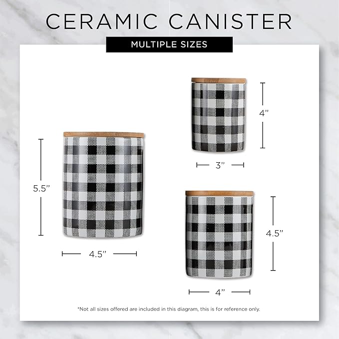 DII Ceramic Canister Sets for the Kitchen Food Safe Storage Containers with Lids, Large, Medium & Small, Buffalo Check, Gray & White, 3 Count