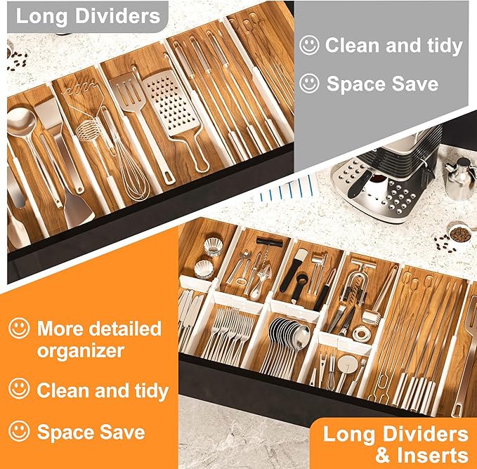 HiYZ Expandable Drawer Dividers with Inserts, Large Kitchen Utensils Drawers Divider, 2.36" High Adjustable Drawer Organizers Separators for Clothing,Kitchen Utensils,Tools,12 Dividers with 24 Inserts