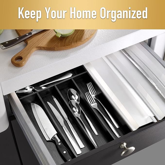 Bamboo Silverware Holder - Drawer Organizer with 5 Slots (Black)