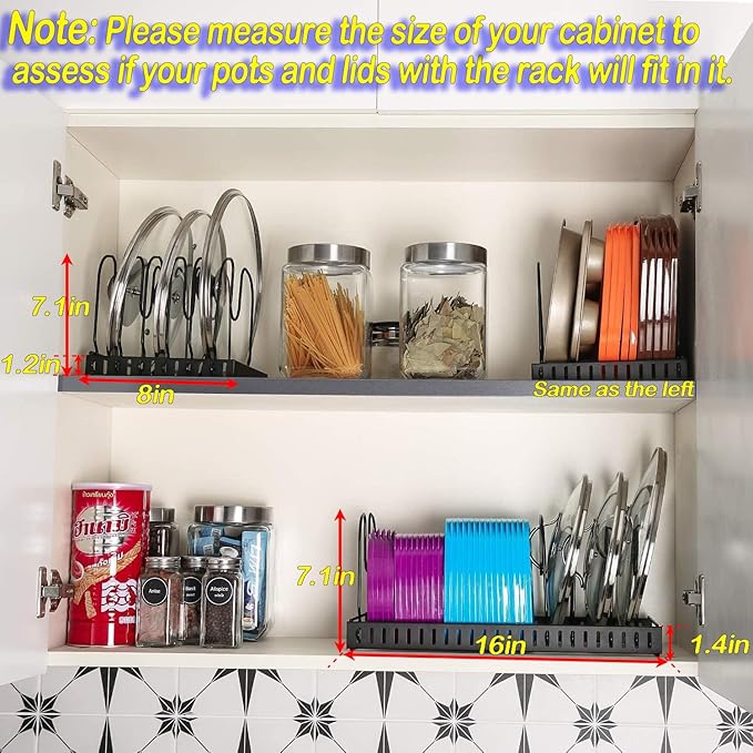X-cosrack 15 Adjustable Dividers Pot and Pan Organizer Rack, 7"D x 32"W x 7.1"H, 3 in 1, Expandable Lid Bakeware Cupboard Rack Holder for Kitchen Cabinet Pantry Countertop, Black (Patent Pending)