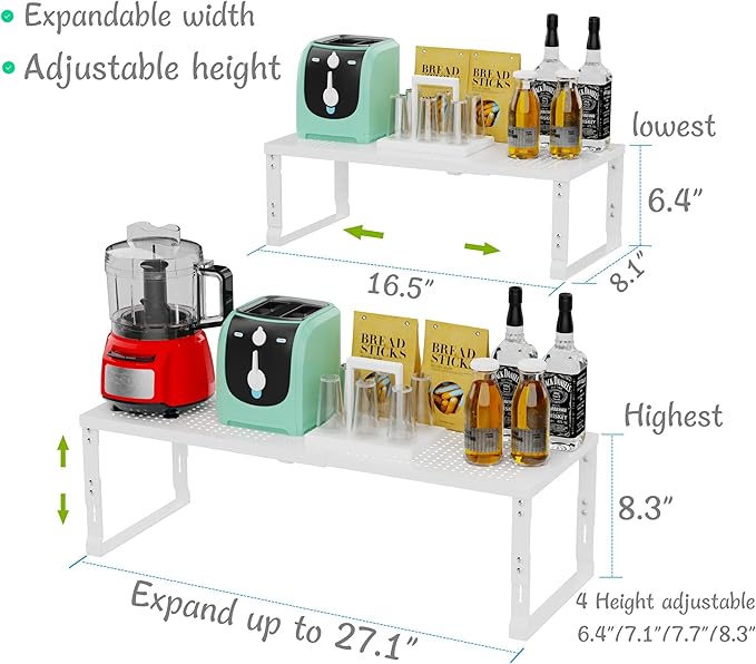 Adjustable Expanable Stackable Spice Rack Shelf Pantry Storage Organizer for Kitchen Cabinet,Countertop,Bathroom and More.Space is no Longer Limited(2Packs/White/Medium)