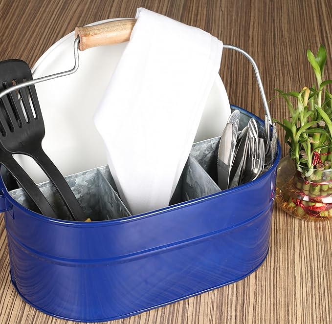Alpha Living Home 4-Section Galvanized Utensil Caddy – Cobalt Blue Farmhouse Organizer with Removable Handle, 13.5"x10"x5.5" – Versatile Storage for Kitchen, Outdoor & Party Essentials