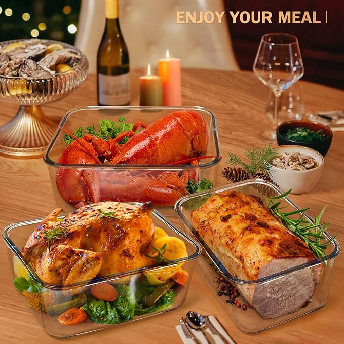 Large Glass Storage Containers with Lids, Big Rectangular Food Containers for Rotisserie Chicken Meal Prep Turkey Watermelon Potluck, XL Extra Large Freezer Safe Storage Container Airtight 200oz/26cup