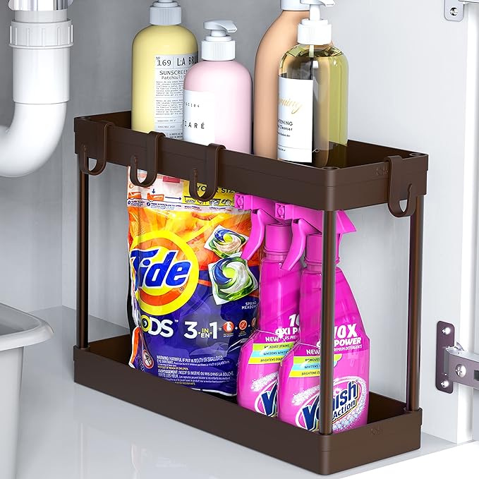 Simple Houseware 2-Tier Under Sink Organizer Storage Tray with Hooks, Brown