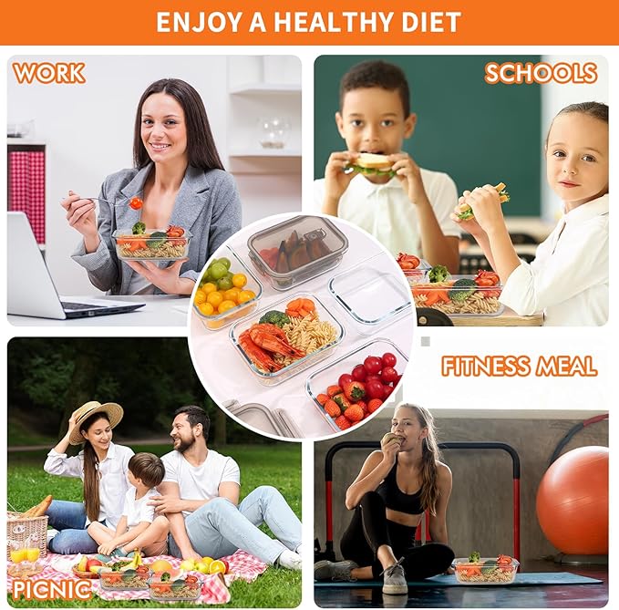 5-Pack Glass Storage Containers with Lids,35 Oz Meal Prep Containers Reusable,Airtight Glass Lunch Containers,for Microwave, Freezer & Dishwasher,Light Gray Leak Proof Locking Lids