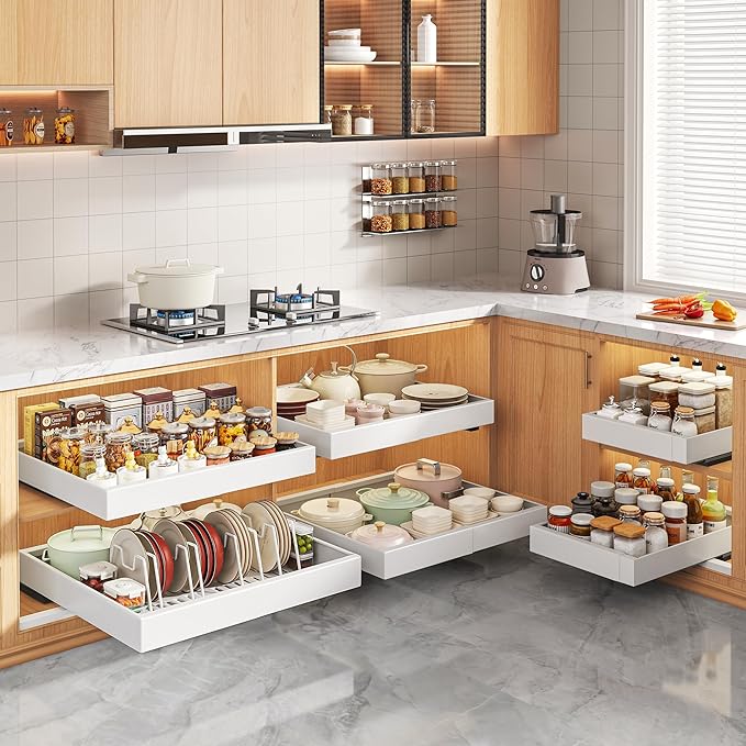 6 Pack Pull Out Cabinet Organizers 21" Deep With Raising Pad for Framed Cabinets, Expandable Slide Out Drawers with 4pcs Divider Racks, Roll Out Shelves, Adjustable Width 12"-20.45" White