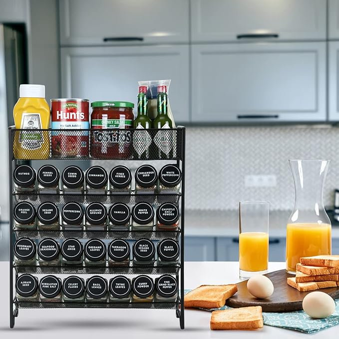 Spice Rack Organizer with 28 Spice Jars, Black Lids,Spice Labels, Chalk Marker and Funnel Set for Cabinet, Countertop, Pantry, Cupboard or Wall Mount