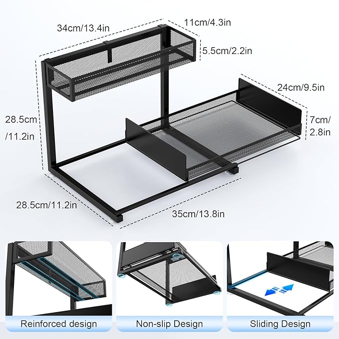 2 Pack Under Sink Organizer and Storage, 2 Tier Pull Out Cabinet Organizer, Slide Out Under Sink Storage Shelf, Undersink Organizers Shelves for Kitchen Bathroom Pantry Organization (Black)