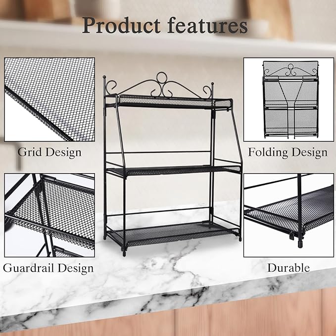 Uten Standing Spice Rack 3 Tier Metal Foldable and Durable Kitchen Rack for Countertop Kitchen Bathroom, Shelf Organizer, Standing Stainless Steel Tiered Shelf