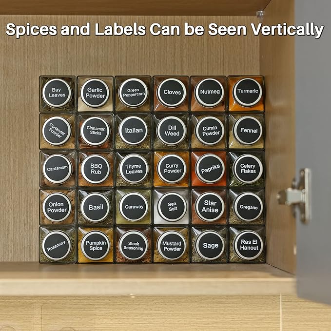MIUKAA 49-Pack Cube Glass Spice Jars with 372 Labels, 49 Shakers, Lids, 4.5 oz Empty Square Spice Bottle, Reusable Clear Kitchen Spice Storage Containers