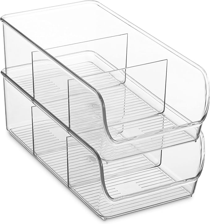 Set Of 4 Food Storage Organizer Bins - Divided 3 Compartment Kitchen Pantry Fridge Organizers for Food Packets, Seasoning, Spices, Sauce Packets, Pouches, Snacks - Clear Plastic Storage Rack