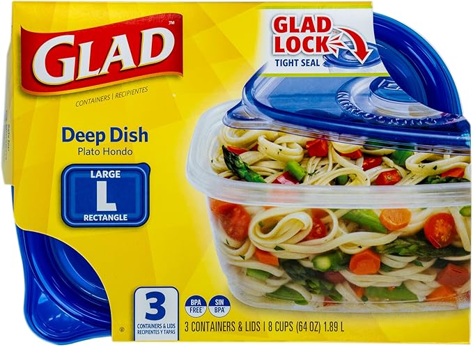 Glad GladWare Deep Dish Food Storage Containers Lock Tight Seal, BPA Free Large Rectangle Plastic Containers Hold Up to 64 Ounces of Food, 3 Count Set | Includes 3 Containers and Lids