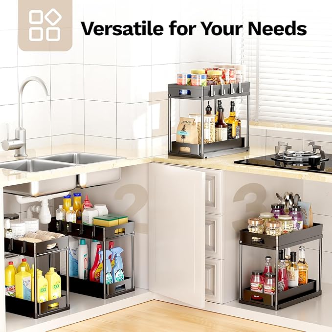 2 Pack Under Sink Organizers and Storage, Double Sliding Kitchen Bathroom Cabinet Organizer, 2 Tier Under Sink Storage for Kitchen Bathroom, Black Under Cabinet Organizer with Hooks