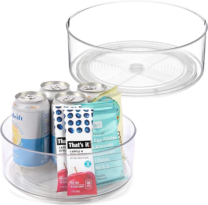 Home Intuition Round Plastic Clear Lazy Susan Turntable Food Storage Container for Kitchen (9" Round, 2 Pack)
