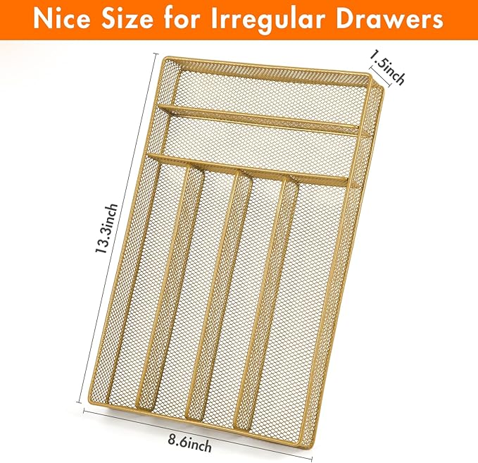 Kitware Silverware drawer organizer, Gold Kitchen Utensil Mesh Metal, Living Room Bedroom Beauty Item Dividers