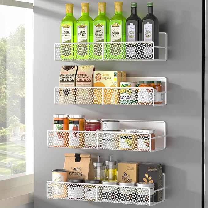 Magnetic Spice Rack for Refrigerator, 4 Pack Metal Magnetic Shelf, Super Magnetic Spice Organizer, Moveable Space Saving Shelves for Home, Durable Kitchen Organization and Storage Racks, White