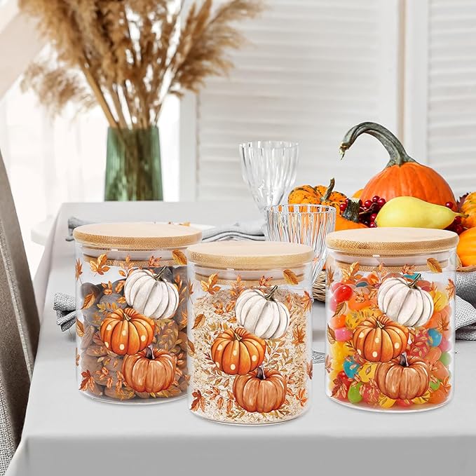 3Pcs Fall Thanksgiving Glass Storage Jars with Airtight Bamboo Lids 17oz Autumn Leaves Pumpkins Clear Food Storage Canisters for Home Kitchen Countertop Decoration