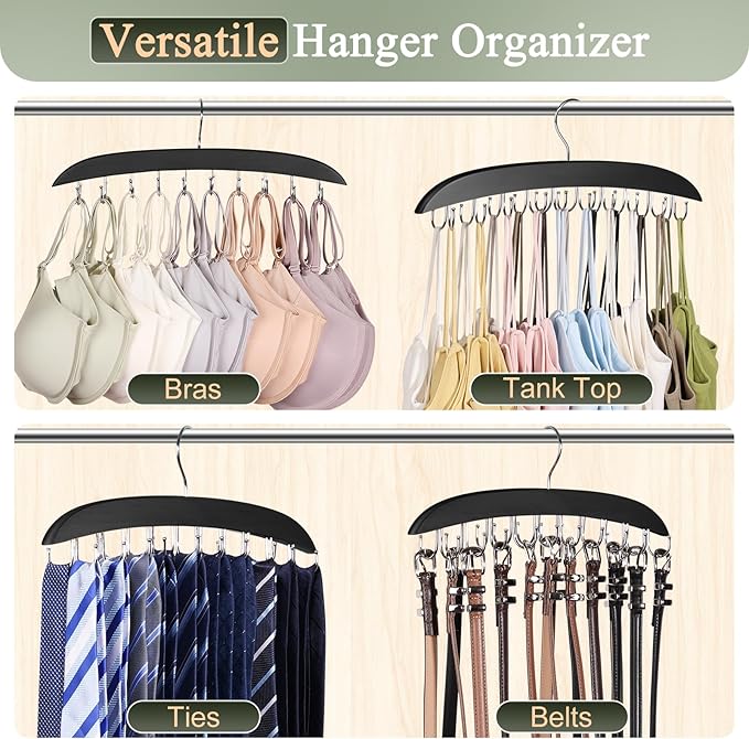 2 Pack Bra Hangers for Closet Organizer, Wooden Tank Top Hanger, Bra Organizer with 40 Stainless Steel Hooks, Closet Organizers and Storage for Bras Camis Belts Ties, Black
