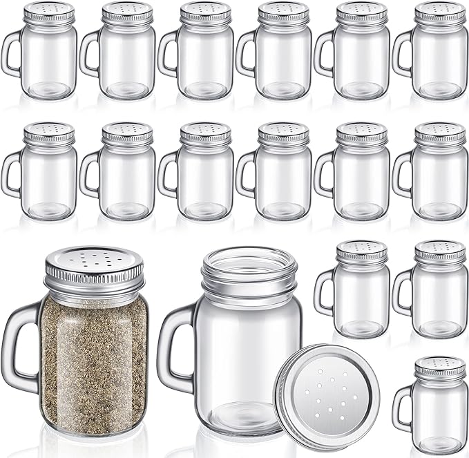 12 Pieces Salt and Pepper Shaker Clear Glass Mason Jar Mini Salt Shaker with Metal Lid Pepper Shakers Set with Handles for Kitchen Table, Drinkware, Rustic Home Decor and Gifts, 4 Oz