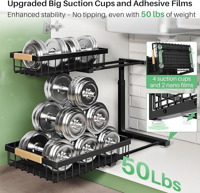 Pull Out Cabinet Organizer, 2 Tier Under Sink Organizer, Slide Out Metal Kitchen Cabinet Organizers Drawer Shelf, Sliding Storage Shelves for Kitchen Bathroom Pantry Cabinet Closet Organization Rack
