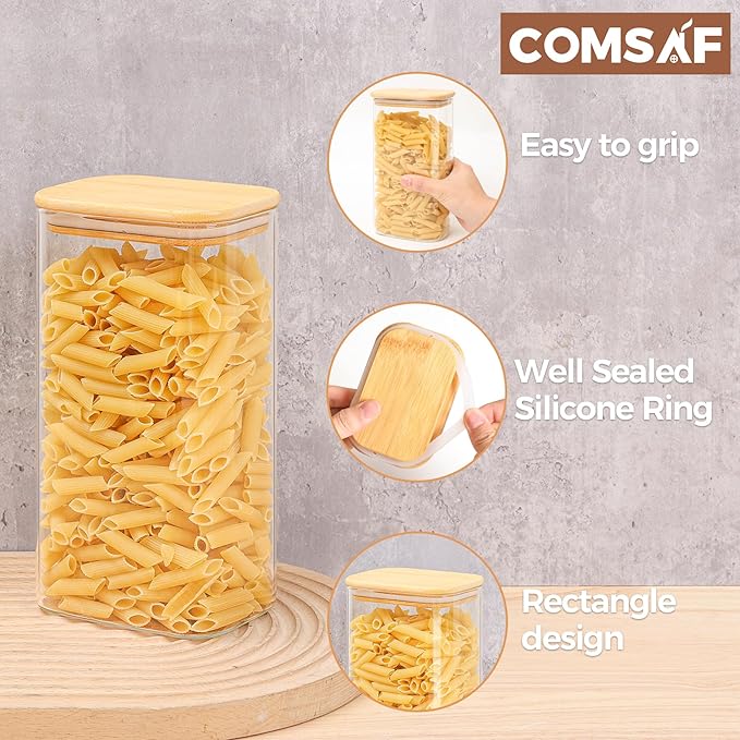 ComSaf 54oz Rectangle Glass Containers with Lids, Glass Jars with Bamboo Lids, Clear Food Storage Jar, Sugar Coffee Containers, Pantry Storage for Pasta Rice Flour Oats Nuts Tea