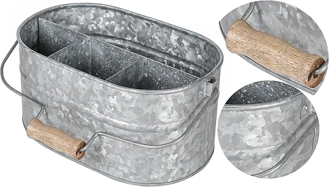 Alpha Living Home - Galvanized Metal Utensil Caddy – Rustic Farmhouse Organizer for Kitchen, Buffet & Outdoor Events, 13.5"x10"x5.5" with Removable Handle & Multi-Compartment Storage
