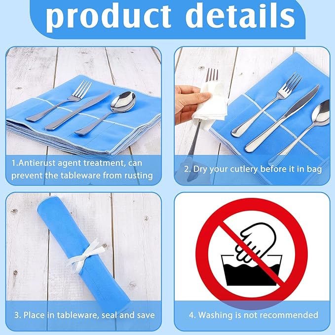 4 Pieces Silver Storage Bags Anti Tarnish Silver Protector Bags Blue Holder for Flatware Storage Organizer Place Setting Roll with White Ribbon for Kitchen Utensils