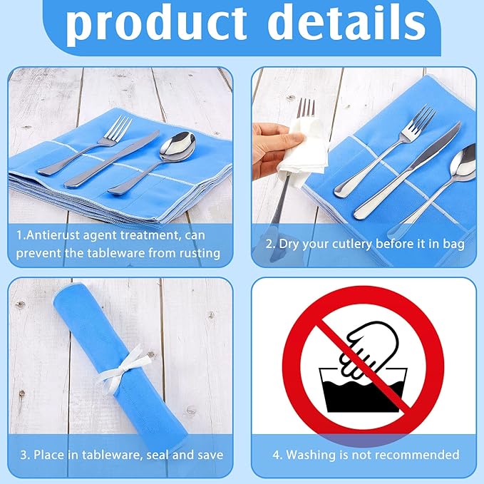 6 Pieces Silver Storage Bags Anti Tarnish Silver Protector Bags Blue Holder for Flatware Storage Organizer Place Setting Roll with White Ribbon for Kitchen Utensils