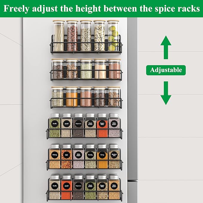 6 Pack Magnetic Spice Rack Organizer for Refrigerator and Microwave Oven, Metal Fridge Shelf for Kitchen, Matt Black