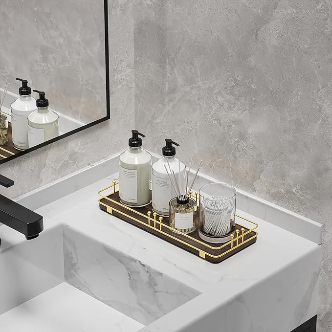Bathroom Vanity Tray for Countertop Toiletries Perfume Makeup Soap Dispenser Toilet Tank, Kitchen Tray for Salt Spice, Decor Tray for Candle Nightstand Coffee 11.3”x 4.4” Brown-Gold