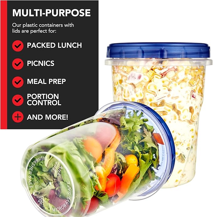 Stock Your Home 32oz Plastic Containers with Twist Top Lids (12 Pack), Quart Freezer Containers with Airtight Lids for Leftover Food, Microwave and Dishwasher Safe