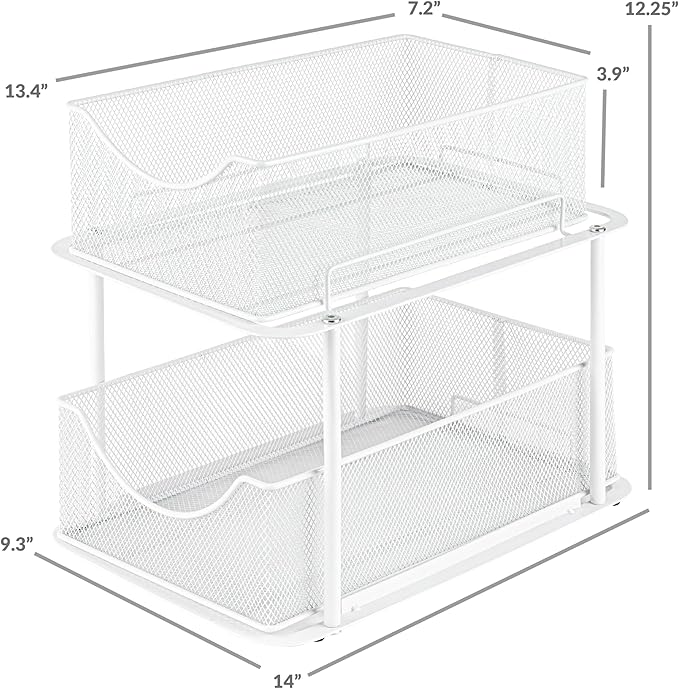 Sorbus 2 Tier Under Sink Bathroom Organizers and Storage, Strong Steel Mesh Sliding Drawers for Enhanced Bathroom Storage Ideal Bathroom Organization and Storage & Under Kitchen Sink Organizer (White)