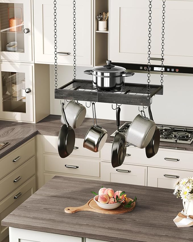 Hanging Pot Rack, Ceiling Mounted Pot Hanger, Vintage Pot Rack for Kitchen, Pot Storage Organizer, with 12 S-Shaped Hooks, for Cookware Storage, Space Saving, Charcoal Black and Black TPR01BC