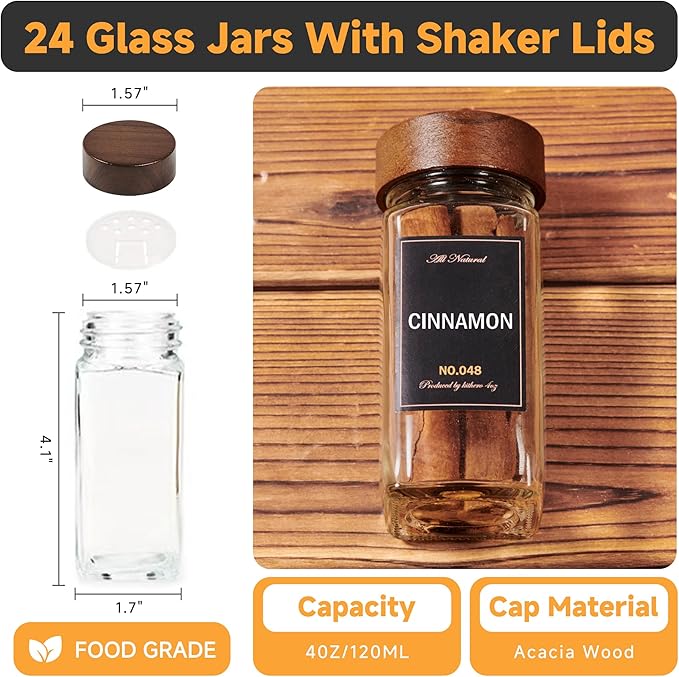 Wooden Lid Magnetic Spice Rack with 24 Jars, 216 Labels, 1 Steel Funnel for Refrigerator,Microwave Oven - Full Set of Spice Organizer