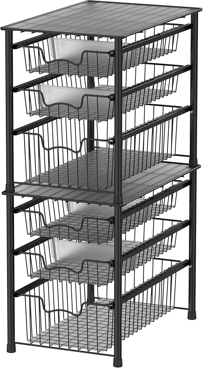 Simple Houseware 3-Tier Stackable Sliding Basket Storage Organizer Drawer for Bathroom and Kitchen, Black