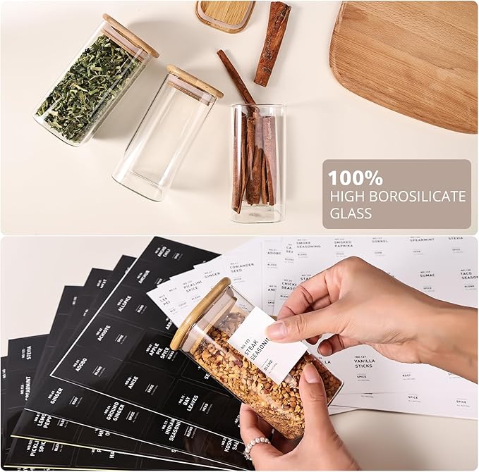 16Pcs Glass Spice Jars with Bamboo Lids, include 4oz, 6oz, 8oz, 10oz Empty Square Containers With 340 Spice Labels Preprinted of White and Black Color, Spice Bottles for Seasoning Organizer