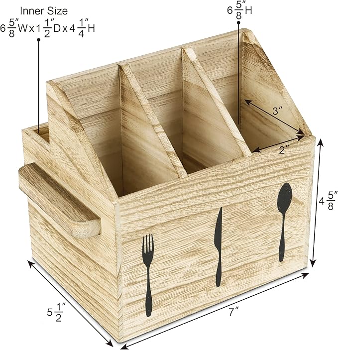 Ikee Design Rustic Elegant Wooden Flatware Organizer Caddy, Oak Color, 7'W x 5.5'D x 6.63'H