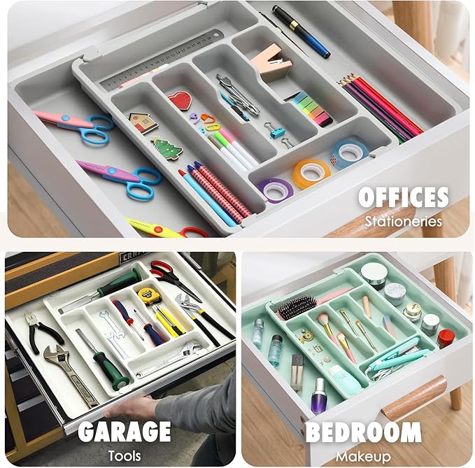 FANCILLA Silverware Organizer for Kitchen Drawers, Wheat Straw Large Expandable Utensil Drawer Organizer, BPA Free Adjustable Cutlery Holder, Dishwasher Safe Flatware Tray, 6-8 Slots (Gray)